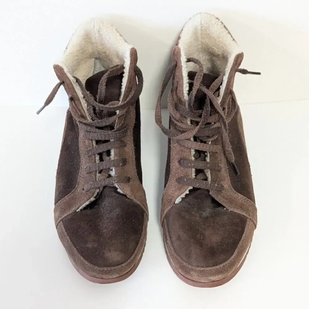 Loro Piana Suede Wedge Sneakers Boots Womens EU39.5/US8 Brown High Top Lace Up
